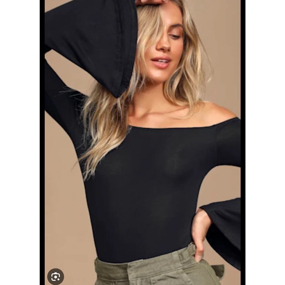 Lulu’s Womens Bodysuit Size Small Flirt Factor Black Off-the-Shoulder Top